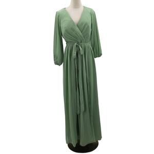 FORMAL PARTY SZ 10 L green faux wrap long sleeve belted maxi dress NEW B141